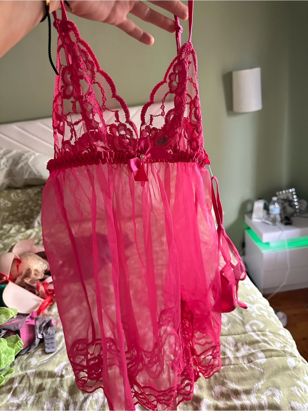 Frederick's of Hollywood Hot Pink Lace & Sheer Babydoll Chemise